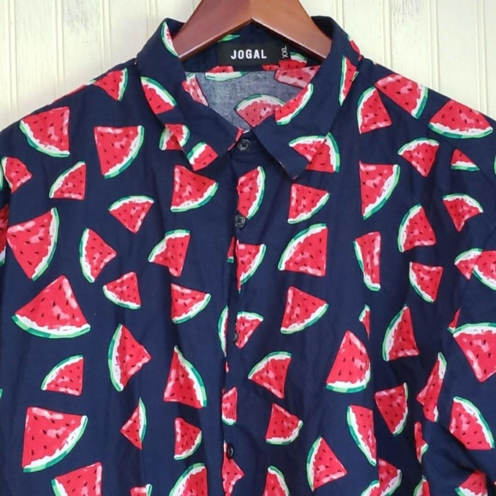 Jogal Shirt Mens 2XL Blue Watermelon Print Short Sleeve Button Up Summer Casual